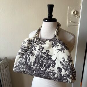 Y2K Dark Brown And White Tote Regency Scenic Print Hinge Fabric Hobo Bag